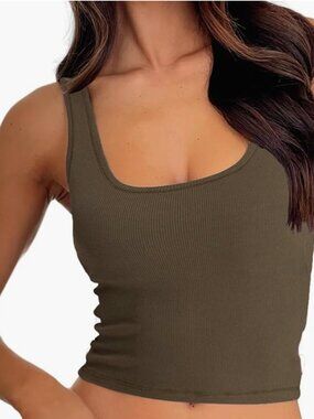 Army Green Cropped Tank Top with Built in Bra/Padding